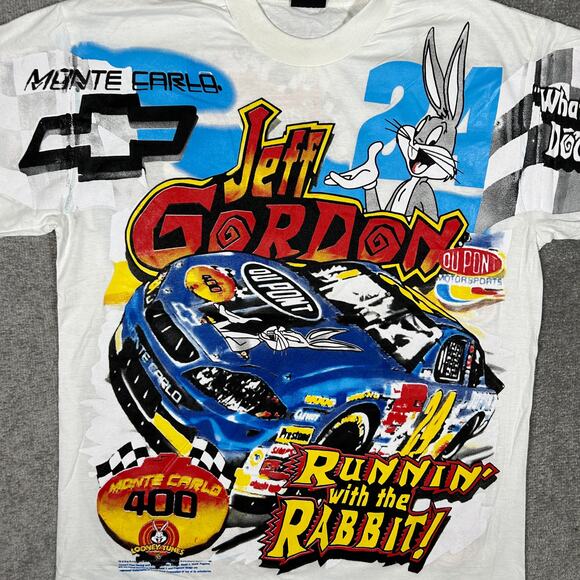 VTG Jeff Gordon Bugs Bunny NASCAR Monte Carlo AOP Size XL Modern Reprint T-Shirt - Picture 4 of 8